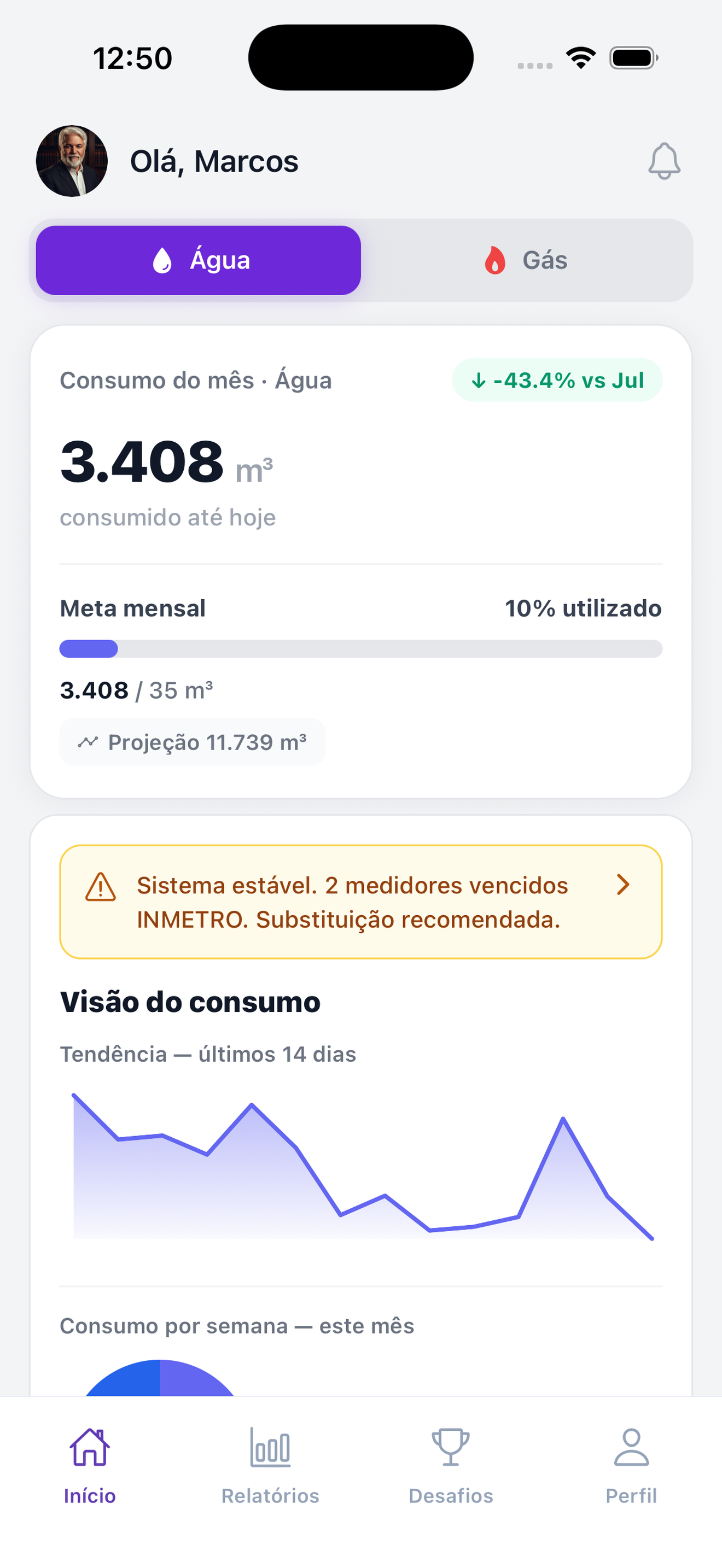 Tela inicial do aplicativo mobile Tecmetra